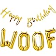 Propsicle Dog Happy Birthday Golden Cursive Banner and Woof Foil Letter Balloon Puppy Birthday Theme Balloon Decoration Party Banner - Pack of 5