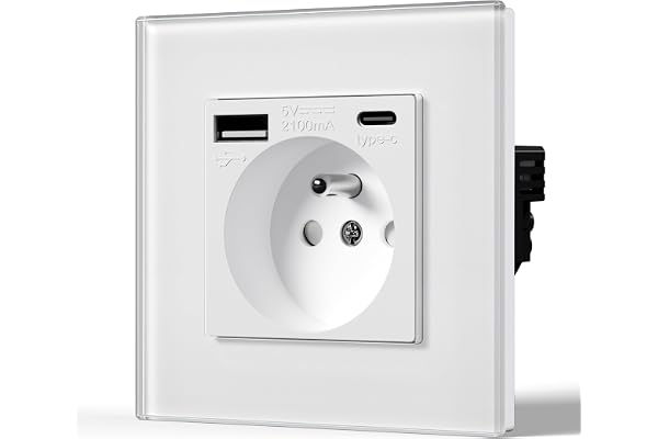 BSEED Prise Murale avec USB et Type C, Prise de courant en Verre avec USB 2.1A courant 16 Amp 240V 86mm Blanc