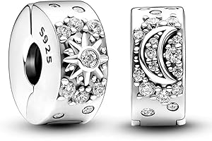 NJCXOLA Charms Anhänger Damen 925 Sterling Silber Sonne Mond Sterne Pavé Clip Zirkonia Bead Charm Stopper Schmuck Geburtstagsgeschenke Denkmal für Frauen Freundin Mutter, 2 Stück