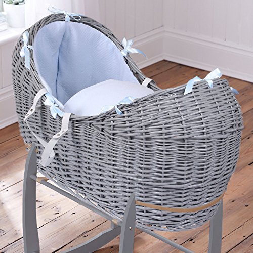 Luxury British Made Grey Wicker Noah Pod Moses Basket With Blue Cotton Candy Covers And Rocking Stand (Grey)