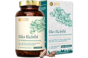 ‎NATURE BASICS Bio Reishi - 120 Kapseln hochdosiert / 1500 mg hochwertiges Bio Reishi Extrakt mit 600 mg Polysacchariden pro Tagesdosis/Vegan, Zertifiziert & Nachhaltig im Glas