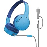 Belkin SoundForm Mini Kids Kablolu Kulaklık (Mavi) &ndash; USB-C + 3,5 mm Adapt&ouml;r, Dahili Mikrofon, 85 dB Ses Sınırı, Eğlenceli &Ccedil;ık