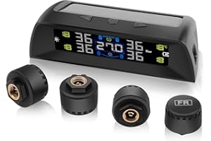 KAOLALI Tire Pressure Monitoring System, TPMS with In-Car Temperature Monitoring, Solar and USB Charger, 4 External Tire Sensors, Auto on/off, for RV, Sedan, SUV, MPV, etc (0-72 PSI)