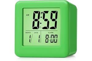 Plumeet Digital Alarm Clock Kids Alarm Clock with Snooze and Nightlight - Easy Setting Silicone Clock Display Time, Date - Loud Alarm Clock for Bedroom - Battery Powered (Green)