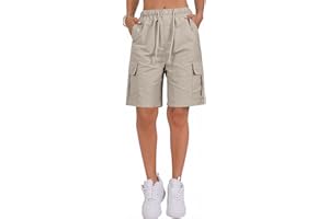 PADOLA Short Femme Été Séchage Rapide Bermuda avec 4 Poches Taille Elastique Shorts de Travail Cordon de Serrage Léger Uni Short Randonnée Pantacourt de Plage Casual Décontracté