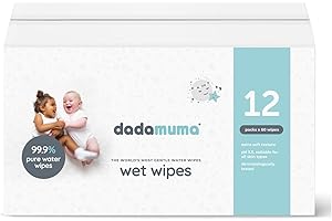 Dadamuma - 99.9% Pure Water Baby Wipes (12 x 60 Wipes), Gentle with Newborn Skin, Natural Ingredients, Allergy UK Approved, Plastic-Free, Biodegradable, Eco-Friendly