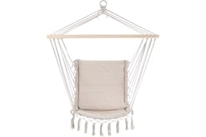 Detex Silla Colgante Crema 150kg cm Hamaca con Cojín Cuerdas de Algodón Barra de Madera Interior Exterior