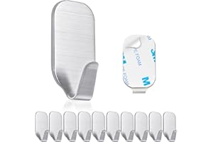 Minicoco Self Adhesive Hooks, 10Pack Door Wall Hooks, Stainless Steel Stick On Hooks Sticky Hooks for Kitchen, Bedroom, Office,Bathroom Hooks