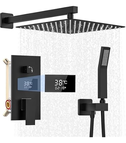 CASAINC Thermostat-Duschsystem Mit Regenkopf, 3 Körperdüsen & Handbrause In Mattschwarz | 50,8 X 61 Cm