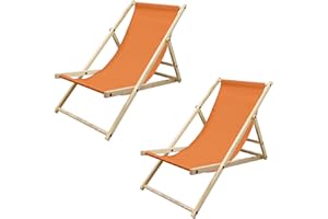 ECD Germany 2X Sillas de Playa de Madera de Pino 3 Posiciones de Reclinación Plegable Tumbona Naranja Tradicional de Sol para Jardín Impermeable hasta 120kg Tejido Oxford Hamaca de Terraza Piscina