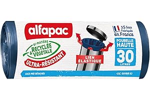 Alfapac – 15 bolsas de basura 30L con lazo elástico ultrarresistente – fabricadas en Francia – Bimaterial reciclado y vegetal