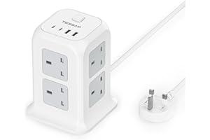 Tower Extension Lead 4 USB Slots (2 USB C), TESSAN Extension Lead 13A 3250W, 8 Way Multi Plug Socket Power Strip with Switch, Multiplug Adaptor with 2M Cable for Home, Office, School