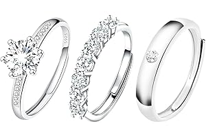 L0FAMY 3PCS Silver Rings for Women, Adjustable 925 Sterling Rings with Cubic Zirconia, Elegant Statement Ring Set, Gifts for Women