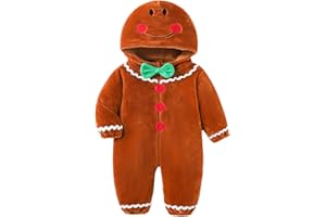 Qtinghua Lebkuchen-Kostüm für Neugeborene, Weihnachten, Lebkuchenmann, Strampler, langärmelig, Fleece, mit Kapuze, Overall, Outfit, Weihnachten, süßes Cosplay-Outfit