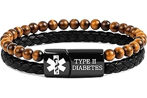 JunyiDIY Bracciale medico multistrato personalizzato per uomo e donna, perline da 6 mm & pelle PU nera, targhetta incisa, regalo per genitori o partner, 21 cm