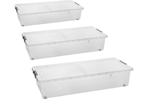 2friends Cómoda para debajo de la cama con ruedas. Práctico juego de 3 cajas de almacenamiento transparentes para debajo de la cama (72 x 37 x 15 cm) con tapa dividida y cierres de clip. Fabricado en