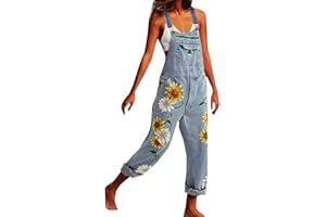 Lazutom Women's Loose Fit Floral Printed Casual Baggy Denim Bib Dungarees Overall