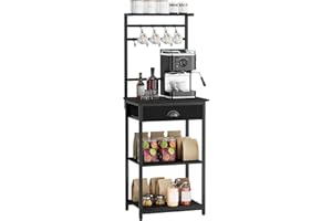 YMYNY Scaffale da Cucina, Porta-caffè in legno a 5 livelli, Scaffale per macchina del caffè, Organizzatore di 12 ganci, Cassetti in tessuto, 33 x 43 x 134,5 cm, per Soggiorno, Ufficio, Nero HBR009B
