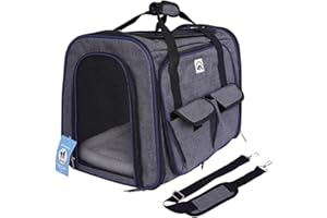 SMELL & SMILE Transportín Perro y Gato Bolso Portaperro Transpirable para Mascota Transportadora de Viaje Ventilación Bolsillos Laterales Dos Puertas con Correa para Coche (Gris, 28x33x42cm)