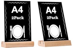 EACHPT A4 Soporte para Letreros de Acrílico,Soporte de menú 2 Piezas Formato vertical A5 Ranura doble para tarjetas Soporte de Sobremesa de Acrílico con Base de Madera