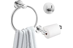 BEIJIE Accesorios Baño 3 Piezas, Toalleros de Baño Pared Redondo & Porta Rollos de Papel Higienico Acero Inoxidable & Ganchos Adhesivos para Pared Resistentes sin Taladro, para Baño y Cocina, Plata Mate