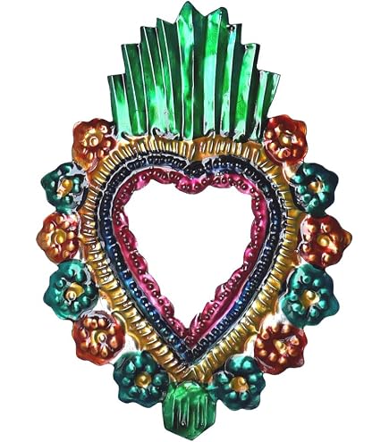 Cuore Con Specchio Artigianale Messicano, In Latta Dipinta A Mano, Da Appendere, 16x9 Cm, Stato Di Oaxaca