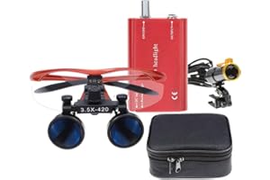 BONEW 3.5X Surgical Binocular Loupes Optical Glass + 5W LED Headlight Powerfullight with Clip-on Type + Cloth Bag DY-008 (Red)