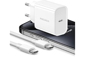 Rocoren USB C Plug 20W, szybka ładowarka do iPhone 15, 15 Pro Max, 15 Pro, 15 Plus z 60W kablem USB C do USB C kompatybilna z iPhone 14/14 Plus / 14 Pro / 14 Pro Max / 13 Pro/iPad i więcej