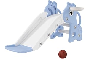 AIYAPLAY Toboggan pour Enfants 3 en 1 en Forme de Girafe avec Panier de Basket, Escalade et Ballon, Toboggan intérieur pour Enfants de 1 à 3 Ans, 106 x 51,5 x 52 cm, Bleu