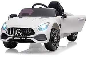 PORTOALEGRE Macchina Elettrica per Bambini, Mercedes-Benz AMG-GT con Licenza Macchina Elettrica Bambini 3-8 Anni con Sicurezza per Bambini, Sospensioni, 3 Velocità, Luci a LED, Clacson, Bianco