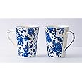 GOLDEN QUEEN's Bone China Shades Of Blue Mugs - Set Of 2 | Perfect For Coffee/Tea & Milk | Daily Essentials | 300 ml | Micorwave Safe - Blue Floral Vine Mugs