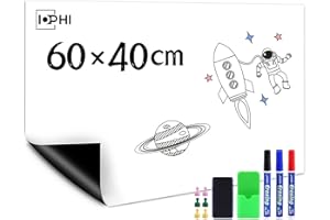 IOPHI Magnetyczna folia na tablicę białą 60 x 40 cm z samoprzylepną stroną, silnie ścieralną tablicę magnetyczną w kolorze białym, w zestawie z markerami do tablicy białej i gąbką,idealna do biurze,lodówce