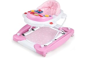 RELAX4LIFE Girello Attività Pieghevole 6-in-1 per Bambini,con 3 Posizioni Regolabili, Vassoio Musicale Rimovibile, Funzione a Dondolo, Convertibile in Salta-salta (ROSA)