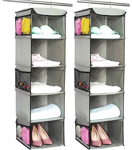 Étagère Suspendue Penderie Pliable 4 Compartiments - Organiseur Armoire 12 Poches Latérales Gris