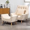 Antique Wood Hub Modern Linen Fabric Armchair Over Sized Fireside Occasional Chair Sofa Lounge with Solid Wood Legs and Footstool for Living Room Bedroom (Beige)