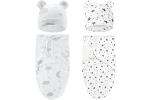 HAGOT Baby Swaddle Blanket wraps för 0-3 månader, 2-pack ekologisk bomull baby swaddles, nyfödd filt med hattar, justerbara lindningar, lindor för nyfödda spädbarn pojkar och flickor