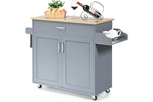 COSTWAY Wózek kuchenny z wieszakiem na ręczniki i półką na przyprawy, wyspa kuchenna z szufladą i półką o regulowanej wysokości, drewniany pomocnik, wózek-wyspa kuchenna (szary)