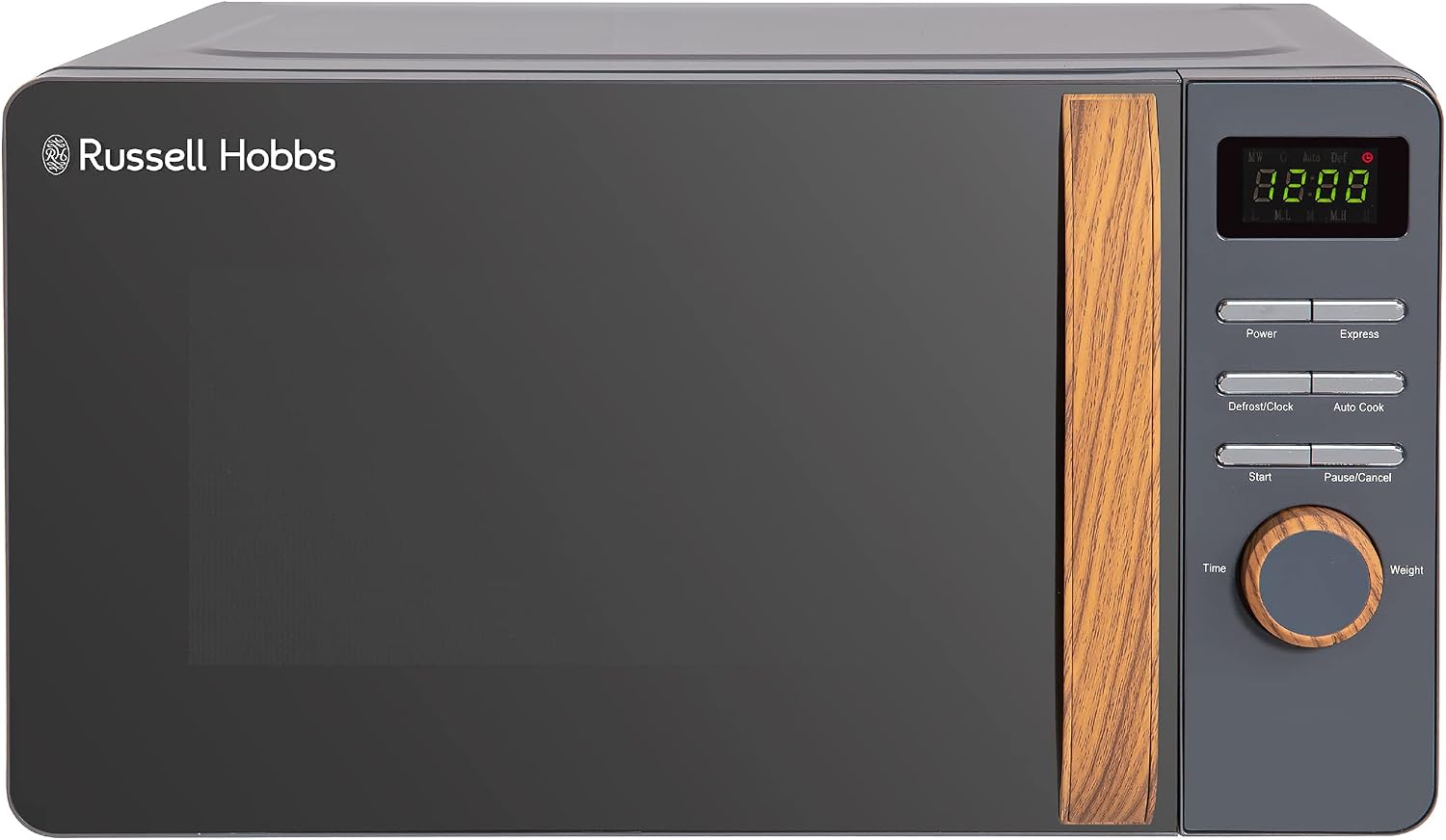 Russell Hobbs RHMD714G 17 L 700 W Scandi Grey Digital Microwave with 5 Power Levels, Wood Effect Handle & Dials, Clock & Timer, Automatic Defrost, Easy Clean, 8 Auto Cook Menus