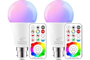 iLC B22 LED Colour Changing Light Bulb, 75W Equivalent with Remote Control RGBW Bayonet - 120 Different Color Choices – RGB and Cool White 5700K Coloured – Timing Function (2 Packs)