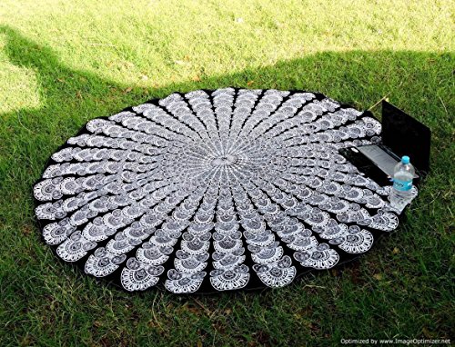bhagyoday fashions- schwarz & weiß indischen Pfau Mandala rund Roundie Beach Überwurf Gobelin, Hippie-Boho Gypsy Baumwolle Tischdecke, Mandala Beach Handtuch, Roundies Yoga Matte - 2