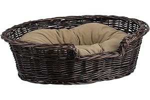 e-wicker24 Alles aus Weide Corbeille,Panier,Niche,Ovale pour Chien ou Chat en Osier Brun-Gris doublée avec Joli Coussin Beige (XL)