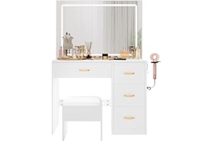 YITAHOME Tocador con iluminación LED Ajustable y tocadores, tocador con Espejo, 4 cajones y Taburete, Blanco