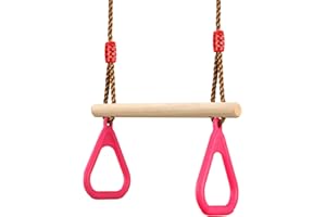 PELLOR Columpio Trapecio de Madera Multifunción para Niños con Anillos de Gimnasia de Plástico para Colgar Soporta hasta 160 kg