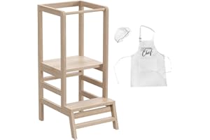 TULANO Tasty 20 | Lernturm für Kinder Entdeckerturm Schemel Lerntower Montessori | 3 Level höhenverstellbar | bis zu 50kg belastbar | Höchste Sicherheit | inkl. Kochschürze und Hut | Kiefernholz