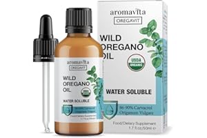 AROMAVITA Water Soluble Wild Oregano Oil Organic Liquid Drops–for Digestive and Immune Support, Respiratory Health - Oregano Oil Drops for Mouth-for Healthy Gums and Sore Throats 1.7 fl.Oz/50ml