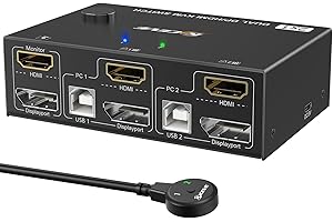 NAWEN DP HDMI KVM Switch - 2 Computer, 2 Monitor DisplayPort USB KVM Switcher - 4K@60Hz - Share Keyboard, Mouse and Monitor