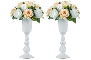 Nuptio Jarrón Flores de Metal 2 Piezas, Centro de Mesa Blanco Decorativo, Elegante Jarrón Centros de Mesa Boda para la Decoración Aniversario Fiesta, Arreglos Florales Artificiales 31.9cm Altura