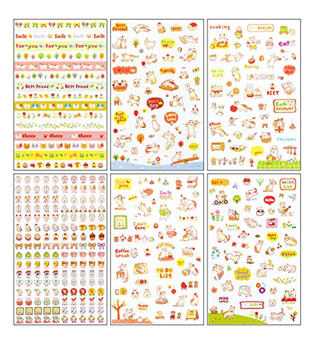 homiki Lot de 6 Feuilles Motif Mignon Chat Bande Dessinée Chat Stickers DIY Autocollant Adhésif Décor pour Scrapbooking Calendrier Artisanat
