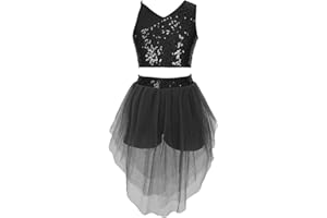 IEFIEL Ensemble Danse Jazz Enfant Fille Robe de Ballet Latine Patinage Paillettes Tutu Fille Jupe et Haut de Danse Bretelle Gymnastique 6-16 Ans