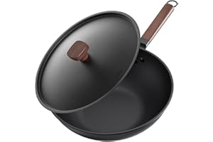 Jobin 33cm/5.6L Non Stick Wok with Lid of Iron Carbon Steel Frying Pan No Chemical Coated and Large Capacity for Cook Asian Dishes for 4-6 People, Ideal for Induction, Gas